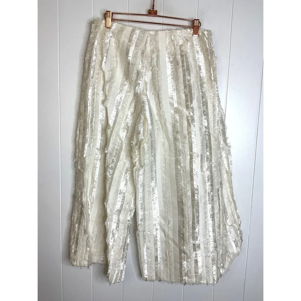 Thakoon White Silk Blend Cropped Faux Wrap‎ Fringe Pants Side Zip Closure
